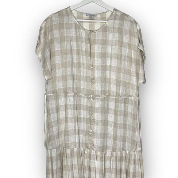 Madewell Button Front Tiered Midi Dress Undyed Gingham Linen Blend Women’s Small - Picture 3 of 9